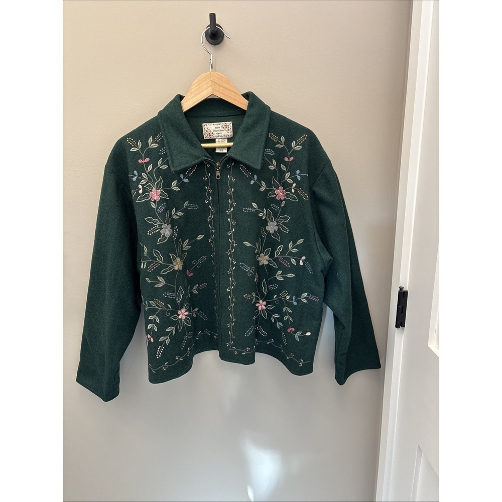 VTG 90s Embroidered Floral Wool Blend Zip Jacket S Romantic Folk Cropped